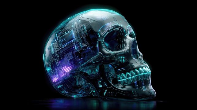 Cybernetic Skull: An intricate representation of a human skull crafted from futuristic technology, with glowing circuit patterns and a sleek, transparent design.
