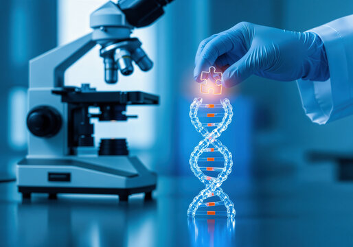 Scientist in glove placing the missing puzzle piece onto the glowing DNA helix model. Genetic research, biotech breakthrough, and medical solution concept