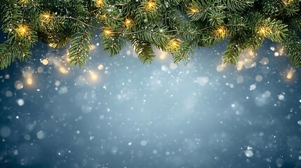 Festive Winter Holiday Scene with Sparkling Lights and Snowfall Over Fir Tree Branches