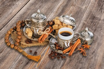Arabic traditional dishes with sweets and coffee