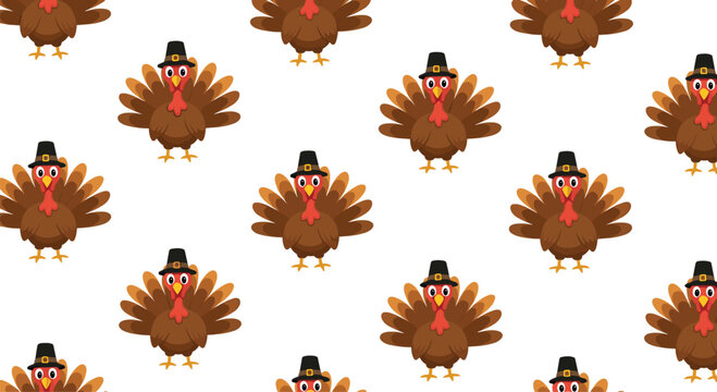 Fototapeta Seamless pattern of cute cartoon turkeys wearing pilgrim hats, perfect for Thanksgiving and autumn holiday designs on a white background.
