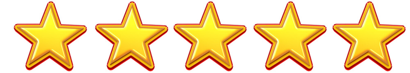 3D five-star rating design with all yellow stars isolated on white background. Realistic glossy illustration symbolizing perfect feedback, top quality, and excellent customer satisfaction