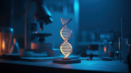 DNA model on laboratory desk, glowing neon strands, futuristic lab environment, scientific focus, ultra realistic