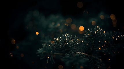 Sparkling Lights on Pine Needles Under Dark Night Sky Festive Winter Evening Scene