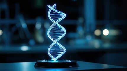 DNA model on laboratory desk, glowing neon strands, futuristic lab environment, scientific focus, ultra realistic
