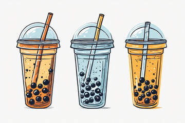 Three colorful bubble tea drinks, each with a straw, displayed on white.