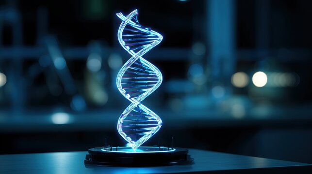 DNA model on laboratory desk, glowing neon strands, futuristic lab environment, scientific focus, ultra realistic