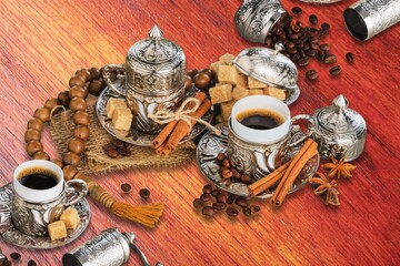 Arabic traditional dishes with sweets and coffee