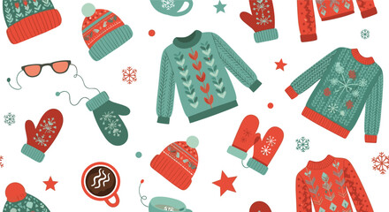 Cozy winter fashion seamless pattern featuring knitted sweaters, hats, mittens, warm drinks, snowflakes, and festive stars.