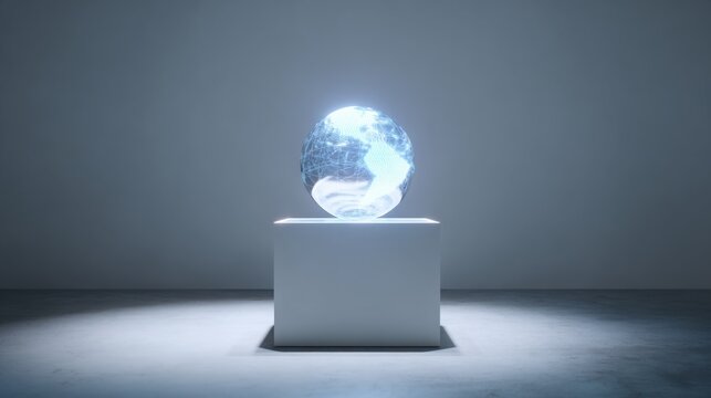 floating holographic map globe on minimal white pedestal, soft ambient lighting, futuristic museum style, ultra clear and captivating