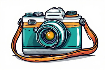 Illustration of a vintage camera with a strap, featuring teal, orange, and white colors on a white background.
