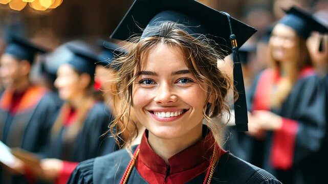 Happy female graduate celebrating her achievement with bright smile at graduation ceremony in cap