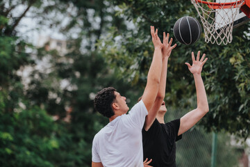 Two young men compete for a basketball near an outdoor hoop, showcasing athletic effort, teamwork,...