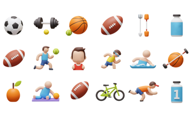 Collection of sports equipment and athletic figures on a black background