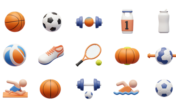 Collection of sports equipment and fitness icons on a black background
