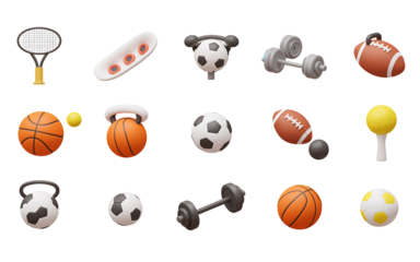 Collection of various sports equipment and balls on a black background
