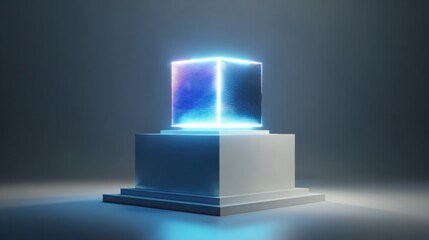 glowing holographic cube displayed on sleek white pedestal, soft diffused light highlighting edges, futuristic museum style, ultra detailed