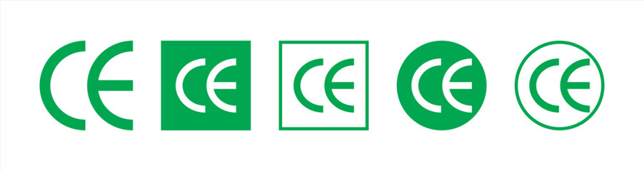 CE mark icon set in flat style. European Conformity certification, safety standard approval, product compliance and quality assurance vectors. EU standard for safety, health, environmental protection.