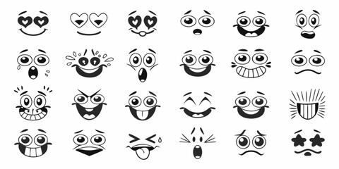 Collection of 24 cartoon expressive faces and emotions black and white vector illustrations
