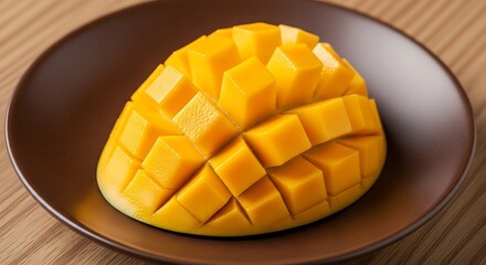 A ripe, juicy mango is artfully cut into a grid pattern and served on a dark brown plate.