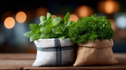 Fresh herbs mint and curly parsley in sacks on wooden table. Organic ingredients for cooking.