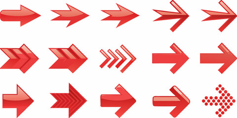 Collection of various red glossy arrows pointing to the right on a white background