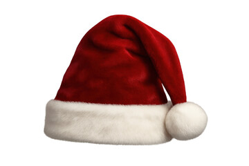 Santa hat appearing red with white fur trim and pompom. Element for christmas, new year, winter holidays, isolated