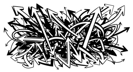A chaotic arrangement of black and white arrows pointing in various directions, creating a sense of confusion.