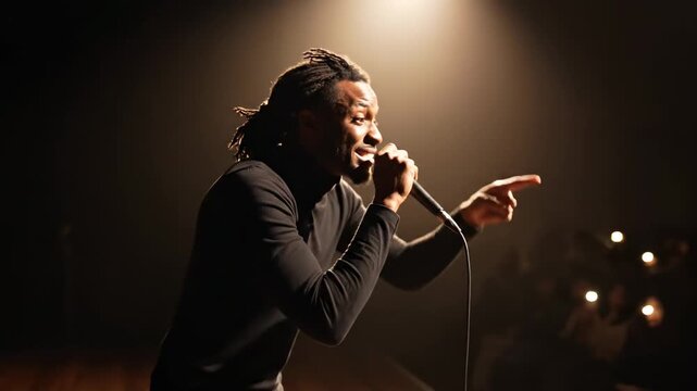 Talented male singer with dreadlocks performing with a microphone on a dimly lit stage, illuminated by a spotlight, with an audience holding up lights in the background during a live concert