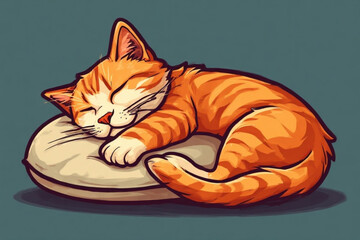 A cartoon orange tabby cat peacefully sleeping on a small pillow.