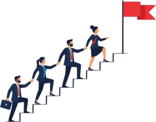 Fototapeta premium Business team of businesspeople climbing stairs together towards a red flag at the top, symbolising business success in a flat design vector illustration