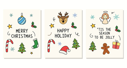 Cute christmas greeting card doodle illustration. Xmas card template with vector of angel, deer, gingerbread, present for asset, design, social media, template