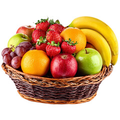 Abundant fresh fruit basket overflowing with strawberries apples oranges bananas and grapes
