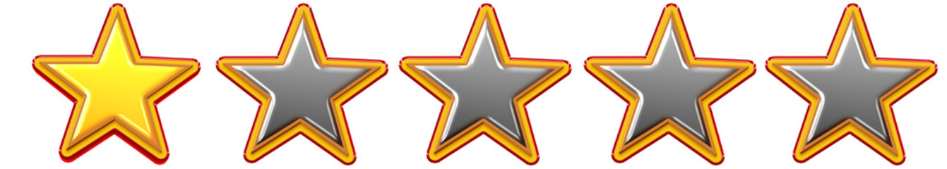 3D one-star rating design with one yellow star and four dark grey stars isolated on white background. Realistic shiny rating illustration symbolizing low feedback, poor performance