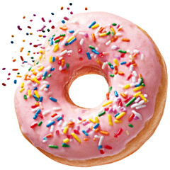 Delicious pink frosted donut with colorful sprinkles splattering in mid-air close-up