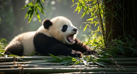 A panda lies on bamboo, yawning in the sunlight, showing its teeth and tongue.