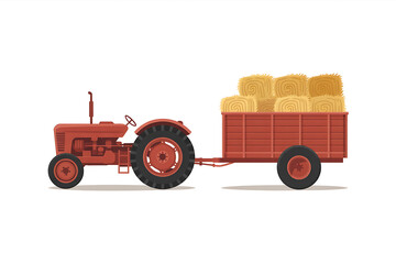 Vintage red farm tractor hauls hay bales, representing agriculture and rural harvest season.