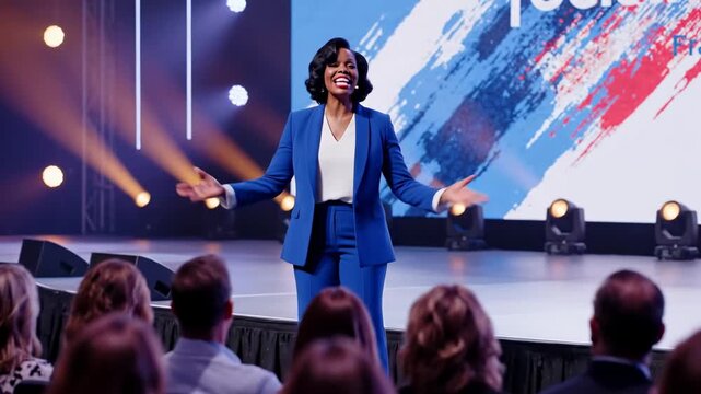 Successful female business coach captivating an audience with an inspirational speech during a live event, motivating people from the stage of a convention center with powerful gestures