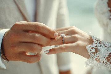 Groom putting ring on bride finger during wedding ceremony