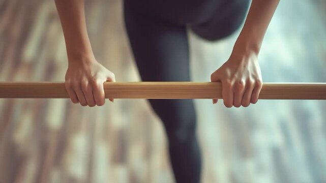 Close-up of hands gripping a wooden barre in a dimly lit studio