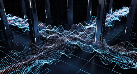 Abstract Digital Sound Waveforms Flowing Through Futuristic Data Center