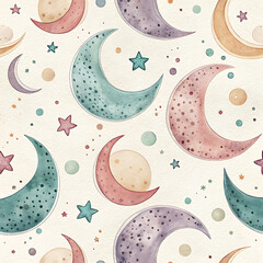 Whimsical watercolor seamless pattern of hand-drawn moons stars and planets in soft pastel colors illustration