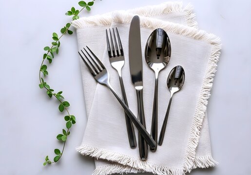 Elegant stainless steel cutlery set arranged on a textured white napkin with delicate green sprigs