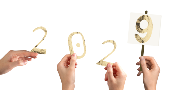 Hand holding 2029 number in festive New Year celebration. Modern typography design symbolizing