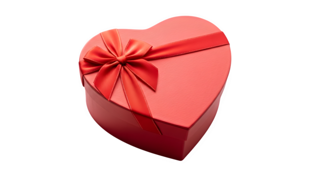 A vibrant red heart shaped gift box tied with a satin ribbon bow isolated on a black background