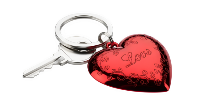 A silver key with a shiny red heart shaped charm attached to a keyring on a black background