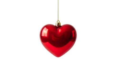 A single shiny red heart shaped christmas ornament hanging against a solid black background