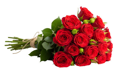 Obraz premium A lush bouquet of vibrant red roses with green leaves tied with twine against a stark black background