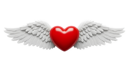 Symbolic 3d rendering of a vibrant red heart with large white feathered wings against a stark black background