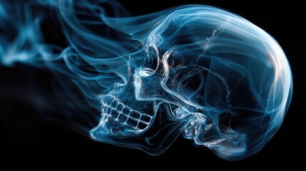 Abstract Skull of Smoke: An abstract artistic depiction of a human skull formed by ethereal blue smoke, emerging from darkness.